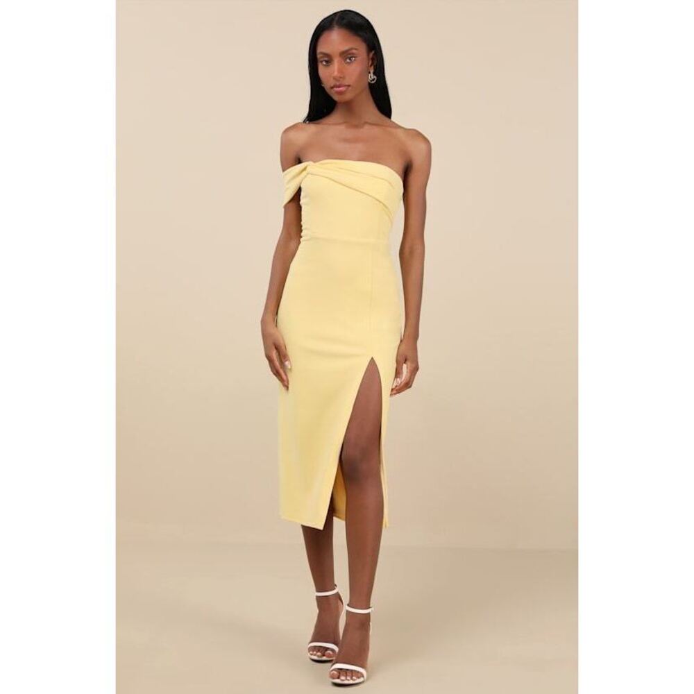Lulus Twist And Make Up Light Yellow One-shoulder Bodycon Midi Dress - Size S